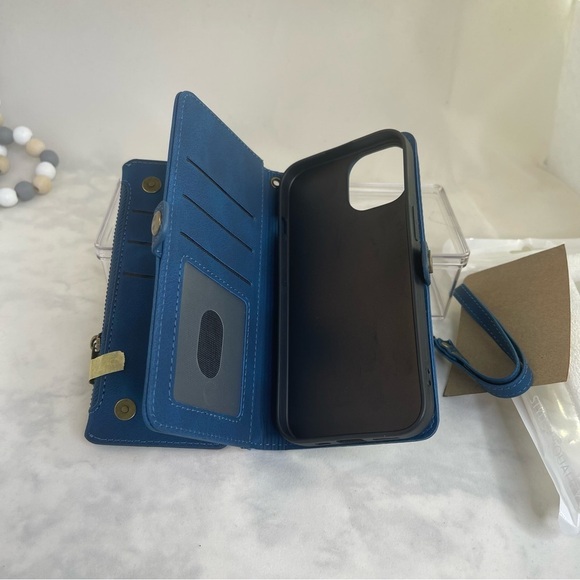 Nvollnoe For IPhone 15 Wallet Case With Card Holder And Zipper Pocket Wrist Blue - Picture 4 of 5